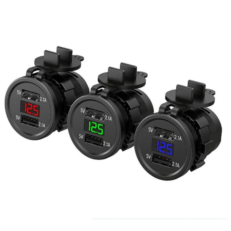 Voltmeter + Dobbelt USB (Blå LED)